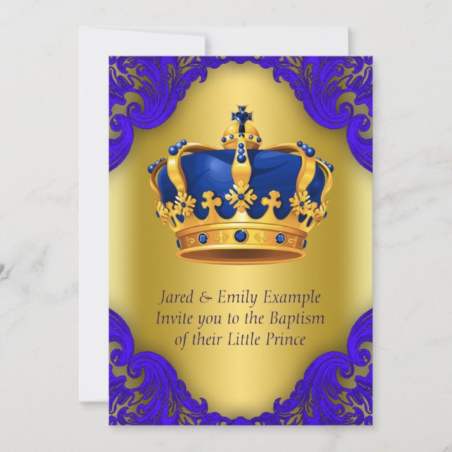 Boys Prince Baptism Royal Blue and Gold Invitation (Front)