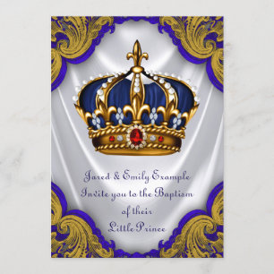 Boys Prince Baptism Royal Blue Gold Ruby Crown Invitation
