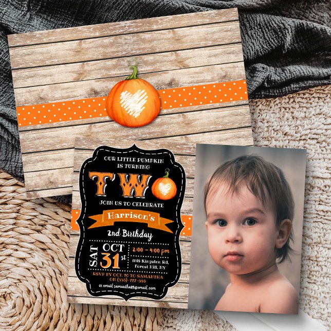 Boy's Pumpkin 2nd Birthday Photo Invitation (Creator Uploaded)