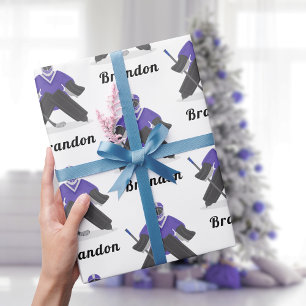 Boys Purple Ice Hockey Player & Name Winter Sports Wrapping Paper