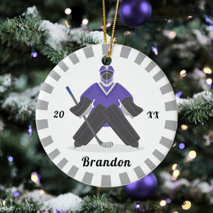 Boys Purple Ice Hockey Players Name Winter Striped Ceramic Ornament