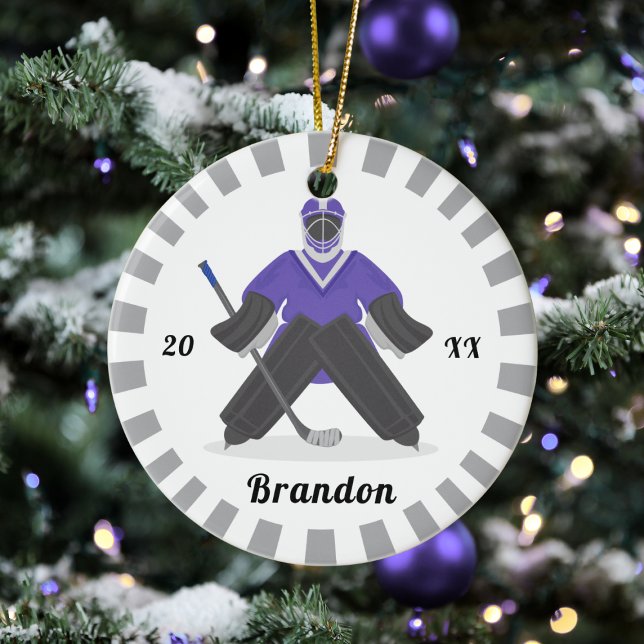 Boys Purple Ice Hockey Players Name Winter Striped Ceramic Ornament (Creator Uploaded)