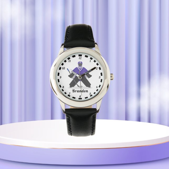 Boys Purple Ice Hockey Players Name Winter Striped Watch (Creator Uploaded)