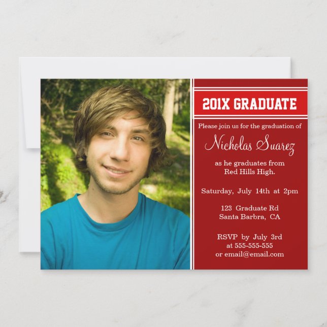 Boys red custom photo graduation invitations (Front)