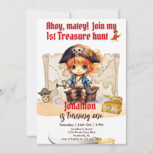 Boys Red Pirate 1st Birthday Party Invitation