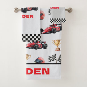Boys Red Racing Car Pattern Personalised Bath Towel Set