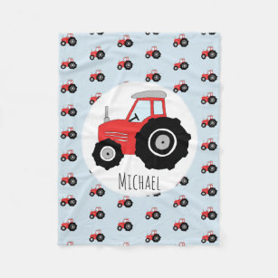 Boy's Red Tractor Pattern with Name Children's Fleece Blanket