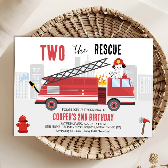Boys Red Two The Rescue Firefighter Birthday Invitation (Two The Rescue 2nd Birthday Invitation Template, Editable Firefighter 2nd Birthday Invitation)