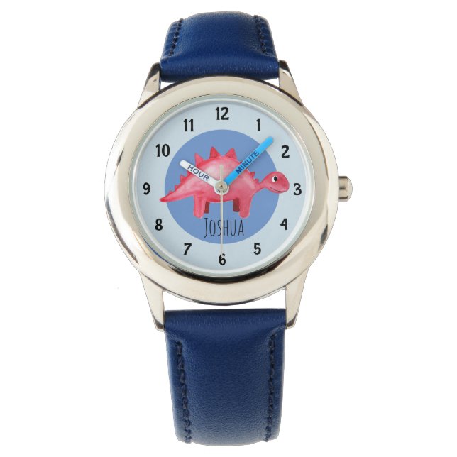 Boys Red Watercolor Dinosaur and Name Kids Watch (Front)