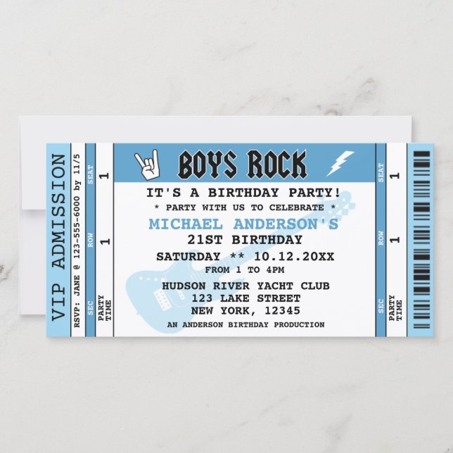 BOYS ROCK CONCERT TICKET BIRTHDAY INVITATION (Front)