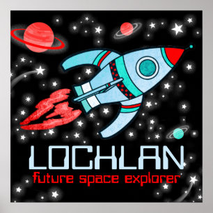 Boys rocket space customised blue red poster