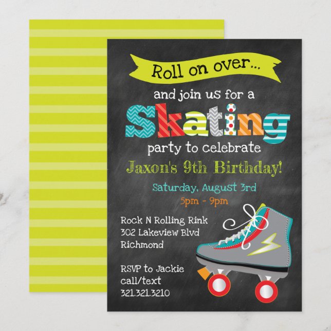 Boys Roller Skating Birthday Party - Chalkboard Invitation (Front/Back)