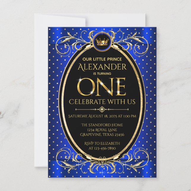 Boys Royal Blue Gold Prince 1st Birthday Party Invitation (Front)