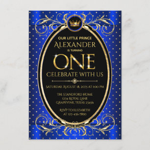 Boys Royal Blue Gold Prince 1st Birthday Party Invitation