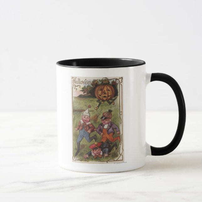 Boys Running From Pumpkin Man in Field Mug (Right)