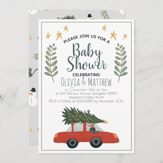 Boys Rustic Cute Christmas Tree Stars Baby Shower Invitation (Front/Back)