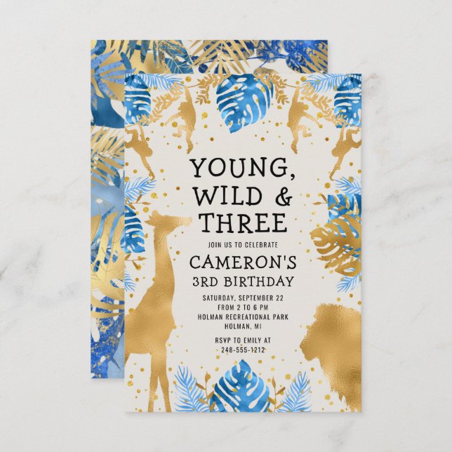 Boys Safari 3rd Birthday Party Blue Gold Ecru Invitation (Front/Back)