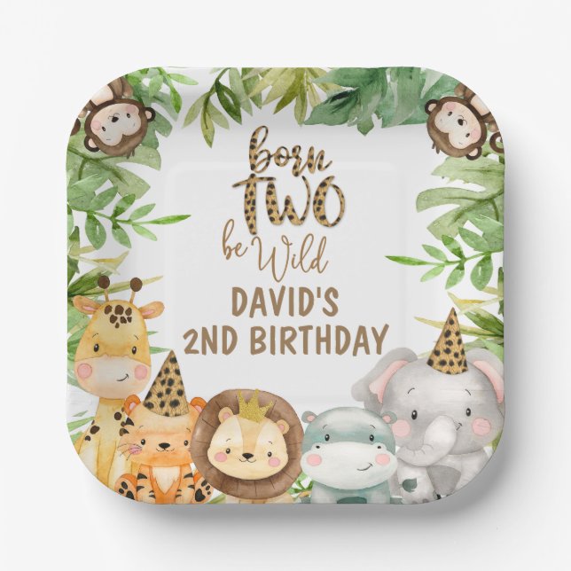 Boys Safari Animals Two Wild Birthday Square Plate (Front)