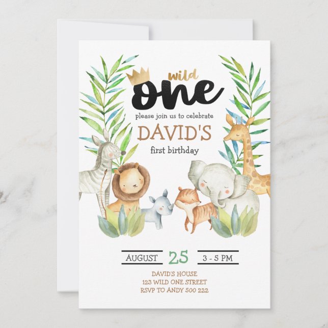 Boys Safari Wild One Jungle Birthday Invitation (Front)