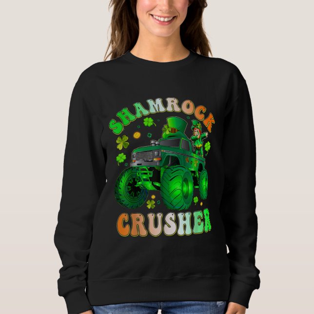 Boys Saint Patricks Day Monster Truck Shamrock Cru Sweatshirt (Front)