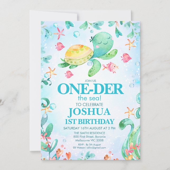 Boys Sea Turtle Oneder The Sea 1st Birthday Invitation (Front)