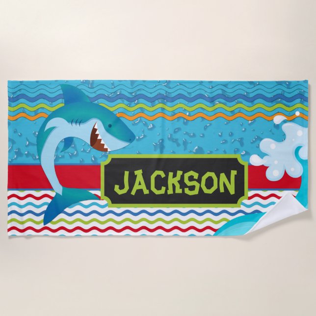 Boys Shark Personalised with name Beach Towel (Front)