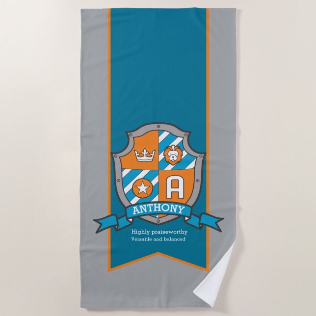 Boys shield grey Anthony letter A name towel (Front)