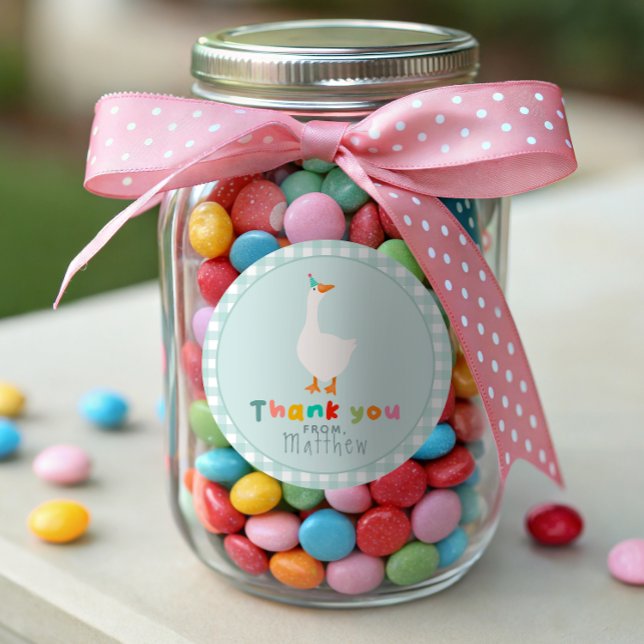 Boys Silly Goose Blue Farm Birthday Gingham Favour Classic Round Sticker (Creator Uploaded)