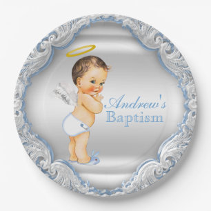 Boys Silver and Blue Angel Baptism Paper Plate