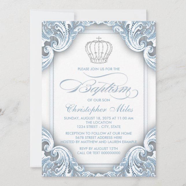 Boys Silver Blue Prince Baptism Invitation (Front)