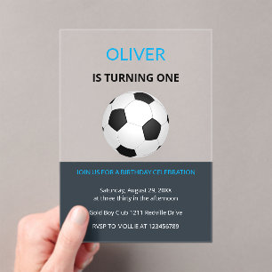 Boys Simple Blue Soccer Kids First Birthday Acrylic Invitations