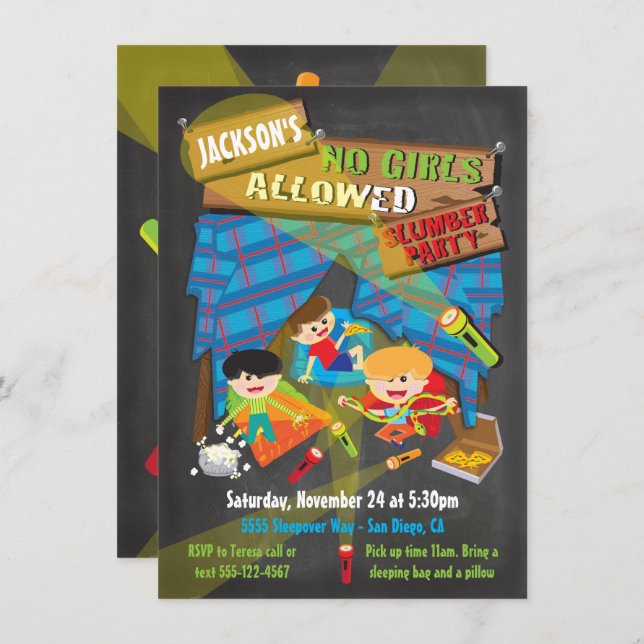 Boys Sleepover Slumber Party invitations (Front/Back)
