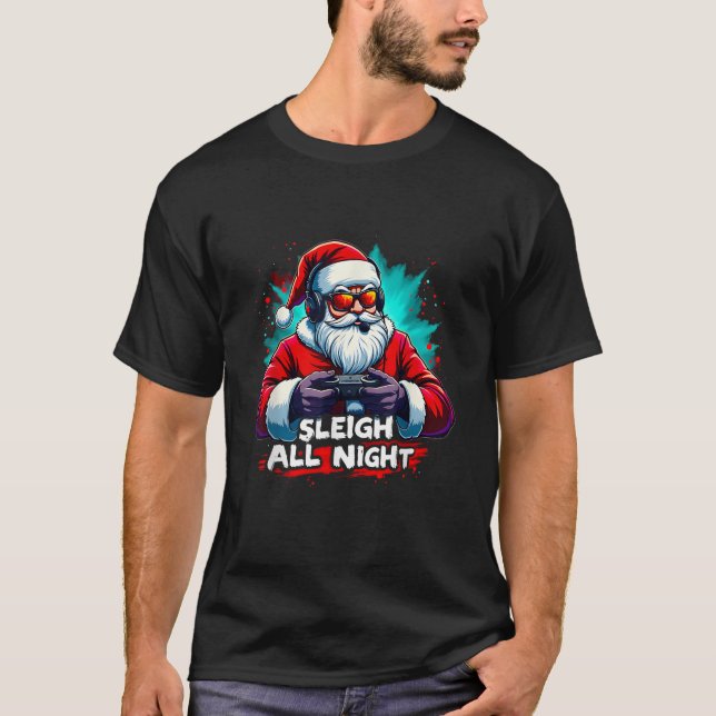 Boys Sleigh All Night Video Game Christmas Xmas Sa T-Shirt (Front)