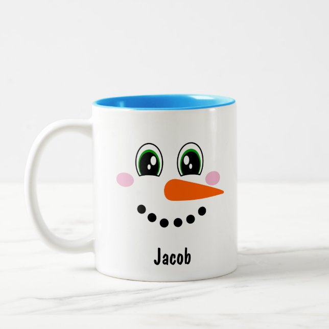 Boys Snowman Face Personalized Two-Tone Coffee Mug (Left)