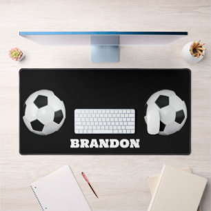 Boys Soccer Ball Black Stylish Custom Name Kids Desk Mat