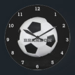 Boys Soccer Ball Black Stylish Custom Name Kids Large Clock<br><div class="desc">Soccer ball clock for kids. Custom,  Kids,  Name,  steel black leather boys clock. Personalise it with your child's name.</div>