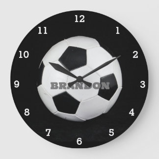 Boys Soccer Ball Black Stylish Custom Name Kids Large Clock