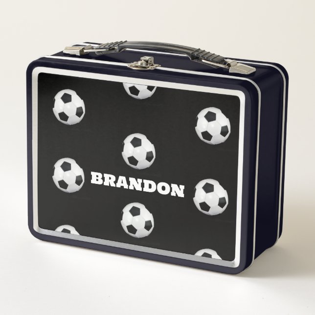 Boys Soccer Ball Black Stylish Custom Name Kids Metal Lunch Box (Front)