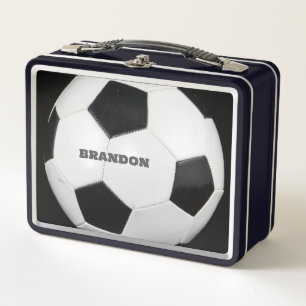 Boys Soccer Ball Black Stylish Custom Name Kids Metal Lunch Box
