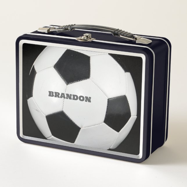 Boys Soccer Ball Black Stylish Custom Name Kids Metal Lunch Box (Front)
