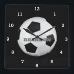 Boys Soccer Ball Black Stylish Custom Name Kids Square Wall Clock<br><div class="desc">Soccer ball clock for kids. Custom,  Kids,  Name,  steel black leather boys clock. Personalise it with your child's name.</div>