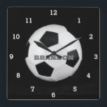 Boys Soccer Ball Black Stylish Custom Name Kids Square Wall Clock<br><div class="desc">Soccer ball clock for kids. Custom,  Kids,  Name,  steel black leather boys clock. Personalise it with your child's name.</div>