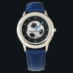 Boys Soccer Ball Black Stylish Custom Name Kids Watch<br><div class="desc">Soccer ball watch for kids. Custom,  Kids,  Name,  steel black leather boys watch. Personalise it with your child's name.</div>