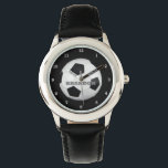 Boys Soccer Ball Black Stylish Custom Name Kids Watch<br><div class="desc">Soccer ball watch for kids. Custom,  Kids,  Name,  steel black leather boys watch. Personalise it with your child's name.</div>