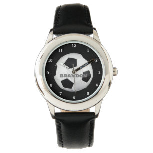 Boys Soccer Ball Black Stylish Custom Name Kids Watch