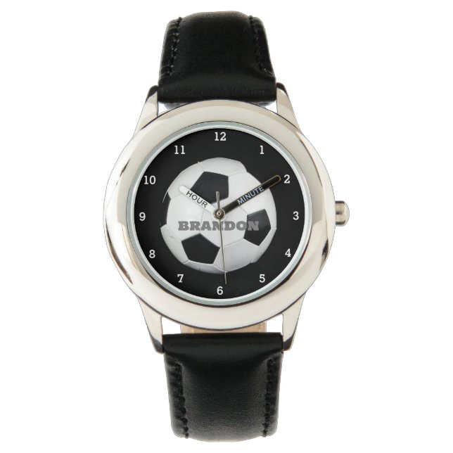 Boys Soccer Ball Black Stylish Custom Name Kids Watch (Front)