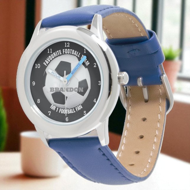Boys Soccer Ball Black Stylish Custom Name Kids Watch (Creator Uploaded)