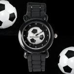 Boys Soccer Ball Black Stylish Custom Name Kids Watch<br><div class="desc">Soccer ball watch for kids. Custom,  Kids,  Name,  steel black leather boys watch. Personalise it with your child's name.</div>