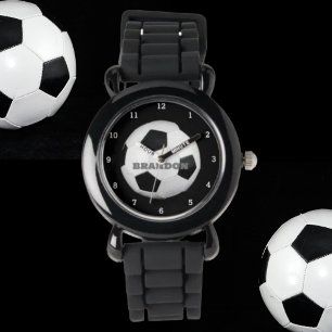 Boys Soccer Ball Black Stylish Custom Name Kids Watch