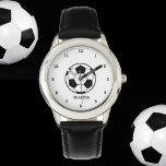 Boys Soccer Ball Black Stylish Custom Name Kids Watch<br><div class="desc">Soccer ball watch for kids. Custom,  Kids,  Name,  steel black leather boys watch. Personalise it with your child's name.</div>
